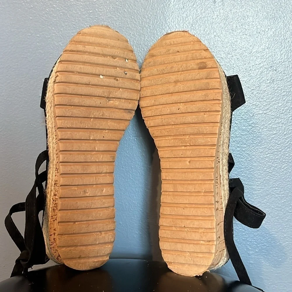 Mannika Flatform espadrille wedge, black straps for around the leg women’s 10.5